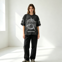 T-shirt OEM noir délavé et vieilli à imprimé gothique pour femme, personnalisé, avec bords déchirés et effilochés, coupe oversize, style streetwear, à manches courtes