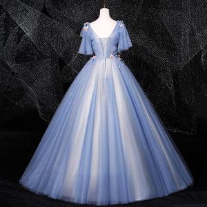Haze Blue Long Ball Gown Deep V Neck Stage Performance Dress Women Adult Polyester Fabric 811 - Product Image 3