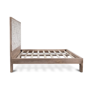 Stylish Mango Wood Geometric Carved <b>Bed</b> <b>Queen</b> <b>Size</b> With Sturdy Solid Wood <b>Frame</b> Elegant Design Perfect For Modern Bedrooms - Product Image 3