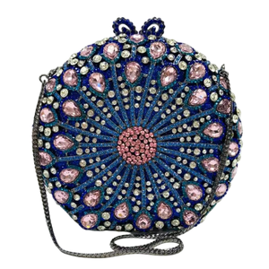 Sac de soirée de luxe rond pour femme avec strass, pochette florale en cristal, sac à main bleu rose pour mariage, soirée ou banquet - Product Image 3