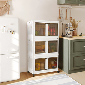 3-Tier Stackable <b>Storage</b> Cabinet with Wheels Plastic Folding <b>Storage</b> Box with Double Doors Rolling Organizer for Home - Product Image 2