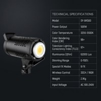 Lumière vidéo LED professionnelle SY-BK500 500W, 250 000 Lux, lumière du soleil de studio ultra-lumineuse, 3200-5500K, lumière de photographie COB bicolore