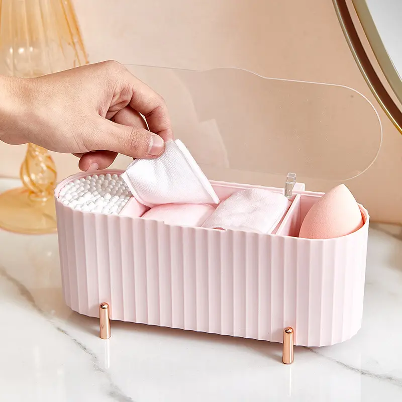 Household Light Luxury Cosmetic Cotton Four-grid Transparent Storage Box with Cover Dust-proof Beauty Egg Cotton Swab Makeup Box