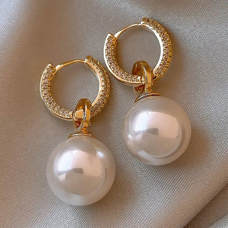 Fine Lady Jewelry 18k Gold Plated Inlaid Cz Freshwater Pearl Pendent Hoop Earrings Cubic Zircon Rounded Pearl Clip On Earrings