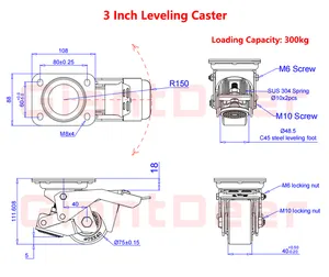 3 Inch Top Plaat Industriële Leveling Nylon Voeten Hoogte Verstelbare Caster Wielen