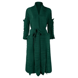 Vestido largo plisado Miyake 2025 con mangas de pétalo, cárdigan con solapa, fajas, talla grande, vestido largo verde, ropa estética para mujer 2021 - Product Image 6