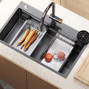 Fregadero de cocina grande de un solo tazón con cascada de cortina de agua, lavabo integrado para instalar sobre/bajo encimera - Product Image 1