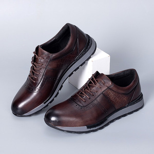 Men's Genuine Leather Casual Shoes <b>Round</b> Toe Lace-up Autumn Plush Lining Rubber Outsole <b>Cushioned</b> EVA Midsole - Product Image 1