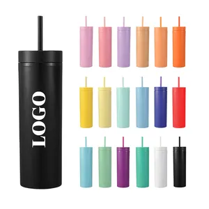 Factory Wholesale Customized 16oz Skinny Straight Tumbler Matte Colors Double Walled Plastic Water Cups 16 Oz With Lid And Straw