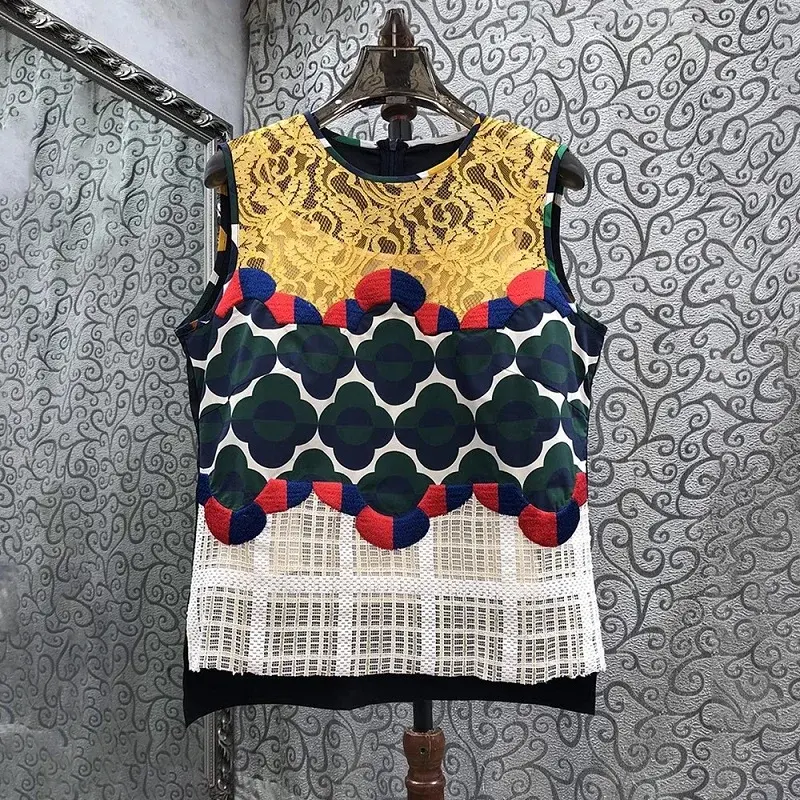 Newest Fashion Designer Blouse 2024 Spring Summer Tops Women Lace Embroidery Patchwork Sleeveless Casual Vintage Tops Blusas