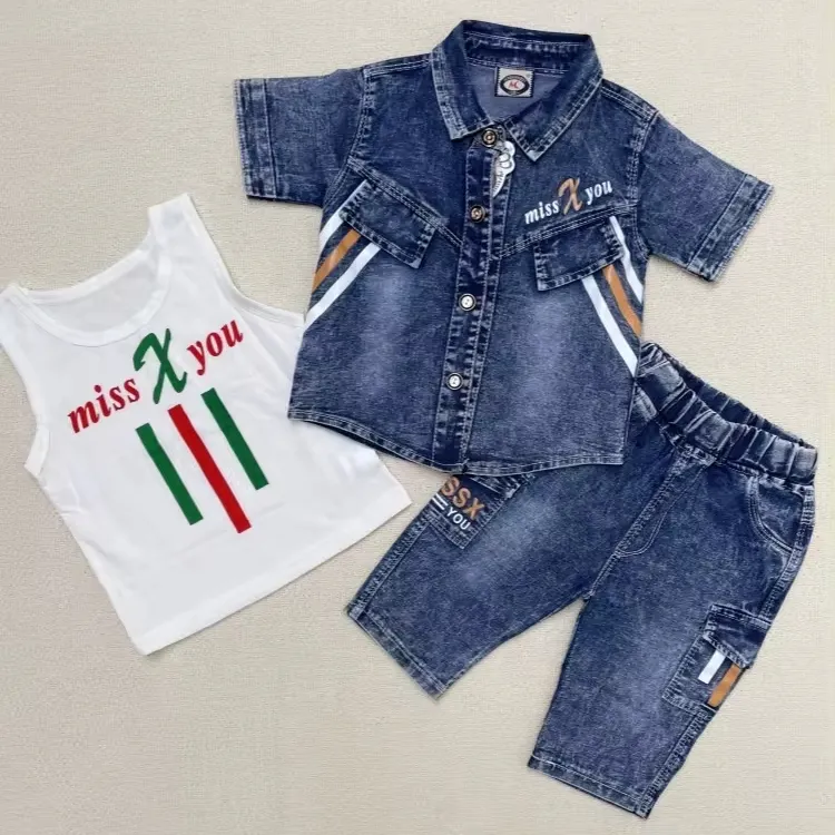 Fabricantes primavera nuevos niños 3 piezas pantalones cortos de mezclilla camisa conjunto niños ropa chaquetas de mezclilla conjunto traje de bebé para niño en stock