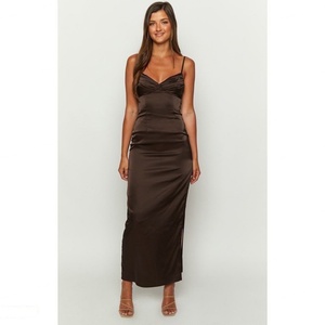 Vestido Maxi de Fiesta para la Playa, Personalizado al por Mayor, Color Marrón Satinado, Sin Mangas, con Tirantes Ajustables, Espalda Descubierta, Corte Holgado y Ajustado - Product Image 5
