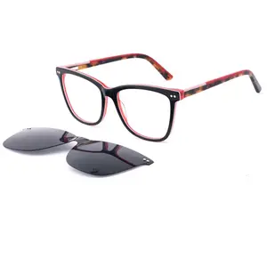 Acetate Multi Color Clip On Sunglasses Tac Polarized Gray Lens Spectacle Driving Glasses Frame Interchangeable Magnetic Eyeglass