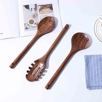 Ensemble d'ustensiles de cuisine en bois de teck : Cuillère, Spatule, Spatule ajourée, Écumoire, Cuillère à pâtes, Ustensiles à long manche compatibles antiadhésifs