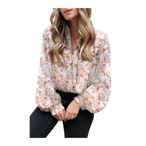 Women's Floral Tie V Neck Blouse Batwing Sleeve Solid Chiffon Ruffle Trumpet Top Casual Style Spring Plain Dyed Twill Fabric