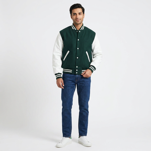 <b>Men</b> American Letterman Baseball School Team Varsity <b>Jacket</b> Black Breathable Stand Collar Winter Logo Front <b>White</b> Lines - Product Image 1