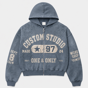 Sudadera con capucha Varsity para hombre, teñida en suelo, corta, con cremallera completa, hombros caídos, gráfico universitario, estilo streetwear desgastado, venta al por mayor, personalizada - Product Image 1