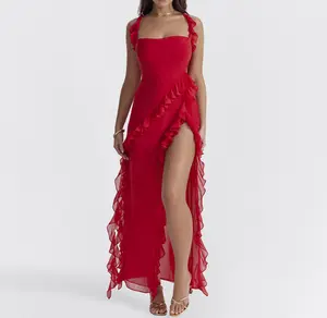 2024 महिलाओं के लिए सुरुचिपूर्ण शिफॉन शाम की पोशाक, स्लिट महिलाओं के लिए रफ़ल ड्रेस के साथ मैक्सी ड्रेस