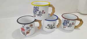 <b>Enamel</b> Camping <b>Mug</b> Set White With Wooden Handle Solid Color Rim Heat Resistant for Outdoor Use - Product Image 3