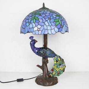 Lámpara de Mesa LongHuiJing de 16 Pulgadas, Estilo Tiffany Mediterráneo, con Cúpula de Vidrio Teñido, Base con Diseño de Pavo Real, LED AC Flexible y Ecológico - Product Image 4