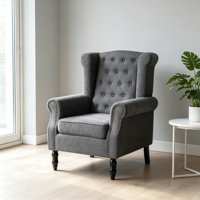 Fauteuil d'appoint à dossier haut en lin gris, capitonné, avec garniture à clous et pieds en métal, pour salon et chambre à coucher, certifié BSCI, OEM/ODM