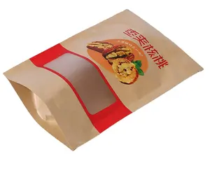Özel stand up fermuar kılıfı mühürlü kahverengi beyaz kraft kağıt torbalar kurutulmuş gıda ambalaj poşetleri ile pencere
