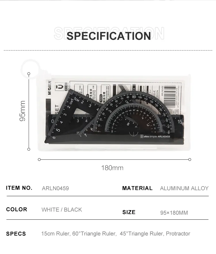 M & G 4 قطعة عالية الجودة الألومنيوم سبائك الحكام مجموعة مع 15 سنتيمتر مستقيم و مثلث و المنقلة جميع المعادن الطلاب الرياضيات الحكام مجموعة
