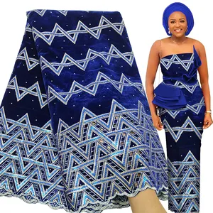 Tissu en dentelle velours bleu Royal pour robes de mariage, étoffe africaine à paillettes, coupée à la main, nigériane, dernière collection 2022