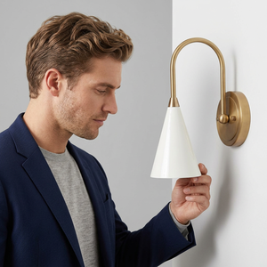Modern Brass <b>Wall</b> <b>Sconce</b> With White Cone Shade Geometric Design Indoor Home Decor Bedroom <b>Lighting</b> Fixture - Product Image 1