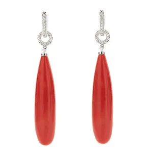 Earrings Natural Italian Coral Drops Shape Set In Gold with Diamonds