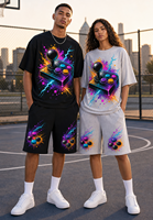 Ensemble deux pièces personnalisé pour homme : T-shirt tricoté à col montant en mélange de coton respirant avec imprimé joystick d'arcade et short à cordon de serrage pour l'été