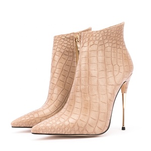 2022 Spring Western Modern Metal High <b>Heel</b> Stone Print Solid Ankle Boots for Ladies Side Zip Big Size 47 - Product Image 1