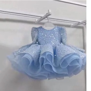 Abito da festa per bambina azzurro cielo con maniche a sbuffo, <span class=keywords><strong>paillettes</strong></span> scintillanti e volant in tulle, abito da damigella d'onore per matrimonio - Product Image 6