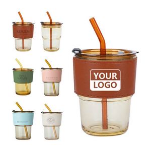 แก้วหลอดดูดพร้อมฝาหนัง ทนความร้อนสูง ของขวัญสำหรับกิจกรรมต่างๆ สามารถพิมพ์โลโก้ได้ แก้วนม กาแฟ - Product Image 1