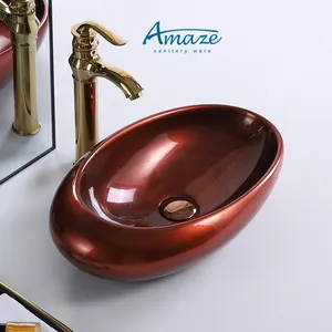 Yeni varış kırmızı bakır renk antika oval seramik sıhhi tesisat tezgah banyo gemi lavabo el yıkama sanat havzası