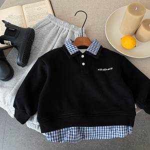<span class=keywords><strong>Sweat</strong></span>-shirt décontracté ample pour enfants, col à carreaux et alphabet brodé, hiver 2025 - Product Image 4
