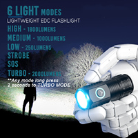 Senter mini isi ulang, senter Aluminium 2000 lumen kuat terang untuk berkemah, mendaki, darurat, Memancing