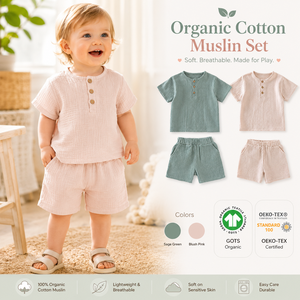 Conjunto de Dos Piezas de Algodón Orgánico 100% para Bebés, Camiseta de Manga Corta y Pantalones Cortos de Gasa Arrugada, Ropa de Verano para Niños y Niñas - Product Image 1