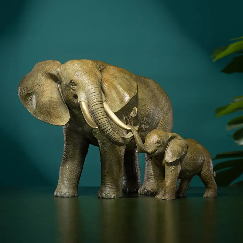 Bronze Mother and Baby Elephant Pair Sculpture Brass Metal Elephants Statue