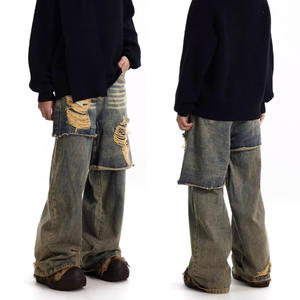 مصنع مخصص 2 في 1 للوزن الثقيل خمر غسل تلاشى تنحنح الخام البالية جودة عالية اشتعل الجينز الجينز الرجال الجينز مكدسة - Product Image 4