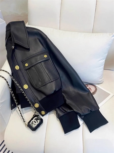 Veste recadrée en <span class=keywords><strong>cuir</strong></span> végétalien 2025 pour <span class=keywords><strong>femme</strong></span>-Design rétro luxe à boutons dorés et multi-poches | Luxe silencieux et personnalisable - Product Image 2