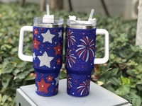 Tumbler Vakum Isolasi Stainless Steel 40oz Desain Berlian Bendera Amerika, Kembang Api, Batu Rhinestone, Petasan Patriotik