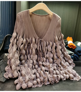 Blusa tipo cárdigan corta plisada con diseño de burbujas, versátil y con lazo, nueva colección de otoño para mujer, a la moda. - Product Image 2