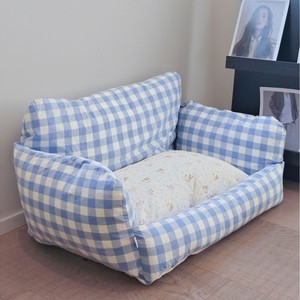 ZHONGYA Huisdieraccessoires Afneembaar en Wasbaar Waterdicht Huisdierenbed met Koreaanse Stijl Zachte Huisdierenbed Blauw Geruit Klein Kattenbankje - Product Image 4