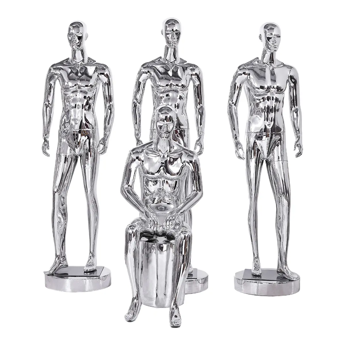 Wholesale Standing Men Mannequin Glossy Silver Chrome Male Mannequin Full Body With Abstract Face