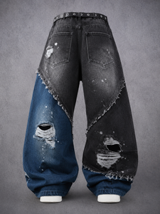DiZNEW Jeans Baggy <span class=keywords><strong>Homme</strong></span> Personnalisés, Patchwork Bicolore, Effet Usé et Déchiré, Coupe Large, Denim, Style Hip Hop Streetwear, Éclaboussures de Peinture - Product Image 2
