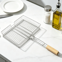 Grille de barbecue antiadhésive avec poignée en bois - Grille de cuisson carrée de 62 cm pour poisson, viande et légumes - Accessoires de cuisine d'extérieur