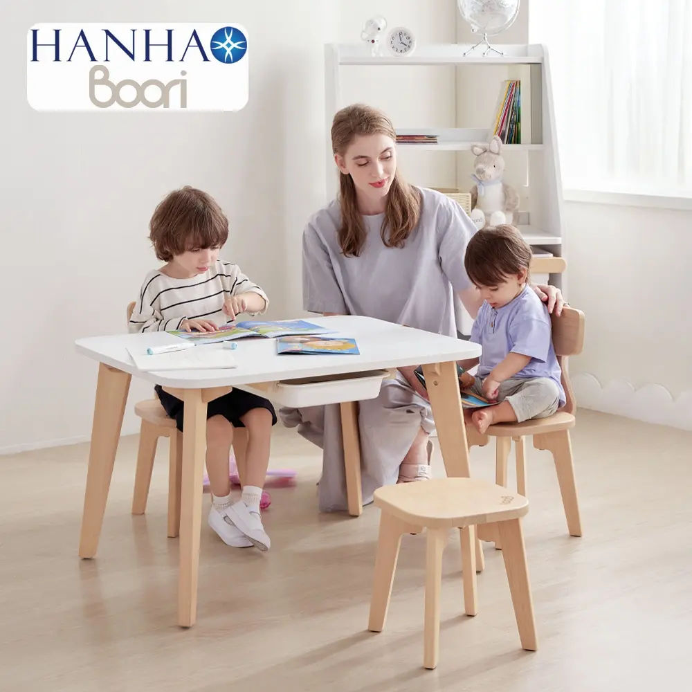 Only B2B Boori Mobilier pour enfants en bois massif blanc Ensemble table d'étude et chaises pour enfants d'âge préscolaire