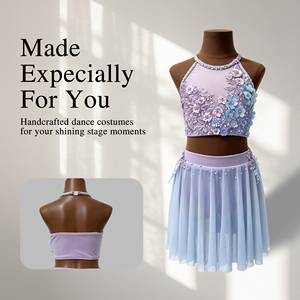 Costume de danse lyrique 2 pièces Ombre Lavande avec haut à licou orné de strass floraux et jupe en maille pour adultes – Tenue de performance et de compétition - Product Image 1