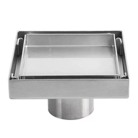 Siphon de sol carré en acier inoxydable SUS304 de 4 pouces avec grille invisible à insert de carrelage, finition brossée, pour salle de bain